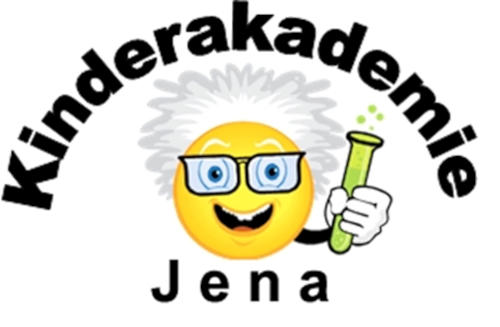 Logo der Kinderakademie Jena, ein Albert Einstein-Smiley mit Reagenzglas in der Hand